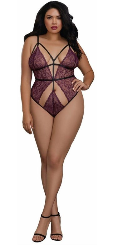 Plus Size Stretch Lace Teddy with Strappy Elastic Details - - Babydolls And Chemises