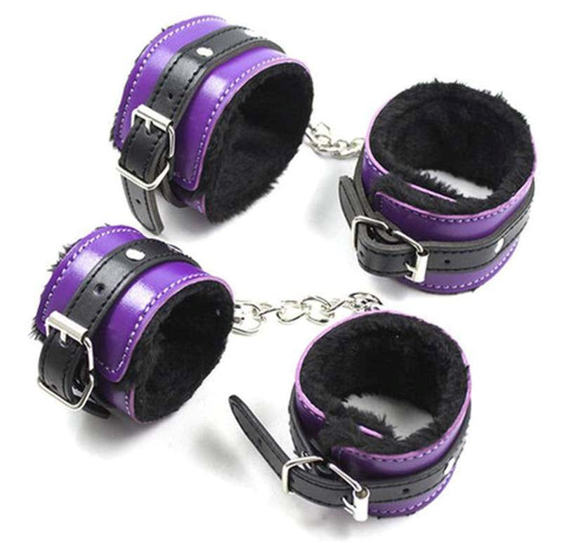 Purple And Black Fur Lined Bondage Kit 7 Piece - - Bondage Kits