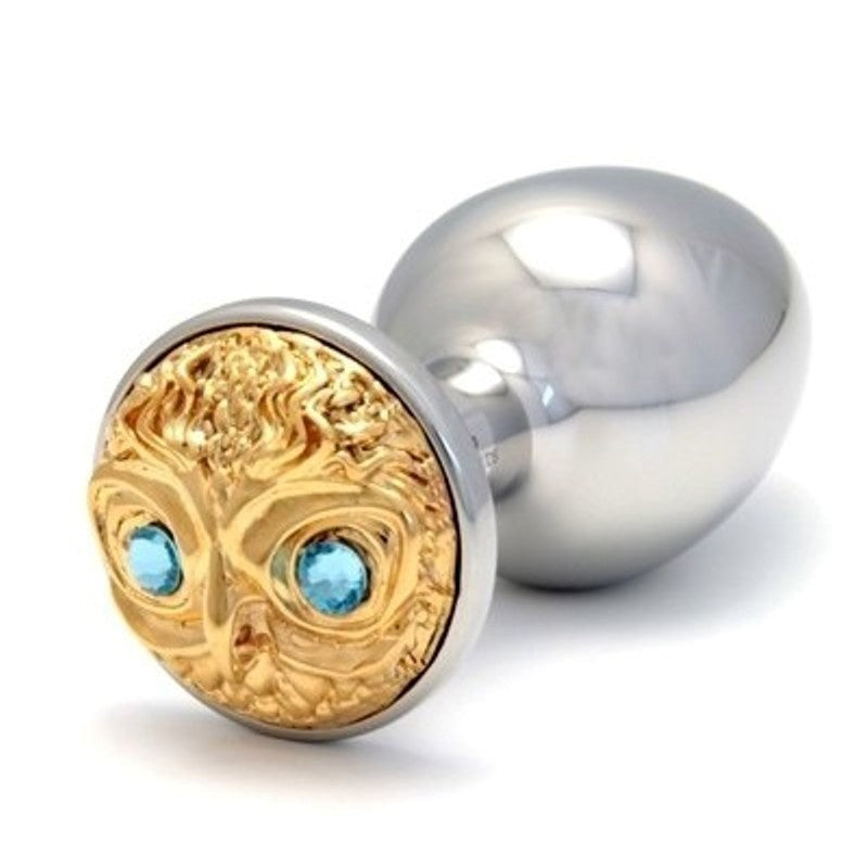 Rosebuds Luxe Owl Gold Medium Plug with Aquamarine Gems - - Steel Sex Toys