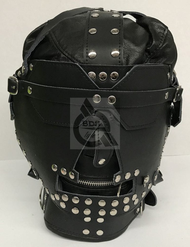 Sensory Deprivation Hood Studded Leather - - Bondage Hoods