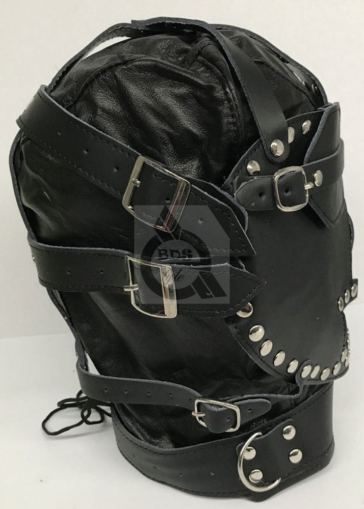 Sensory Deprivation Hood Studded Leather - - Bondage Hoods