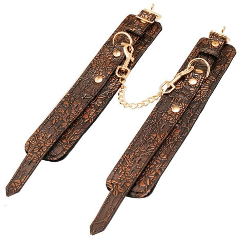 Brown Floral Print PU Ankle Cuffs by Spartacus - Cuffs and Restraints