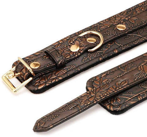 Brown Floral Print PU Ankle Cuffs by Spartacus - Cuffs and Restraints