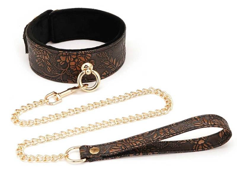 Spartacus Brown Floral Print PU Collar and Leash - - Collars And Cuffs