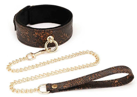 Brown Floral Print PU Collar and Leash by Spartacus - Collars and Leads