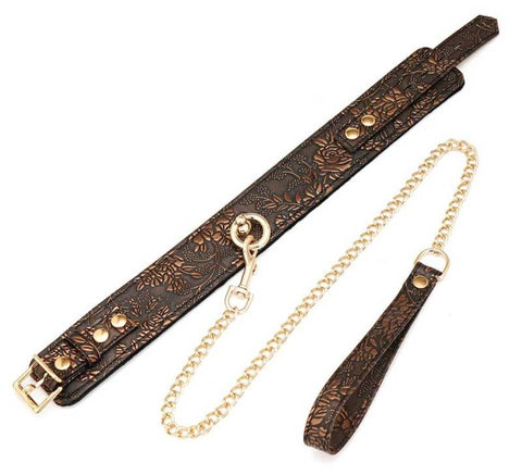 Brown Floral Print PU Collar and Leash by Spartacus - Collars and Leads