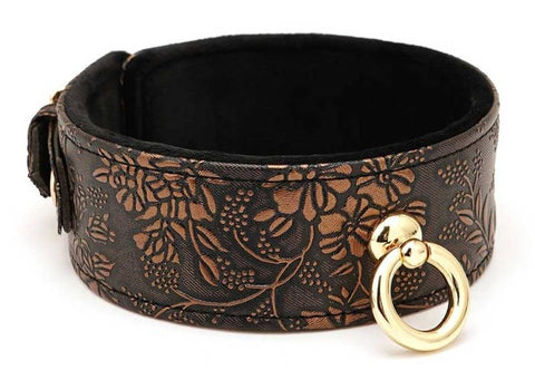 Brown Floral Print PU Collar and Leash by Spartacus - Collars and Leads