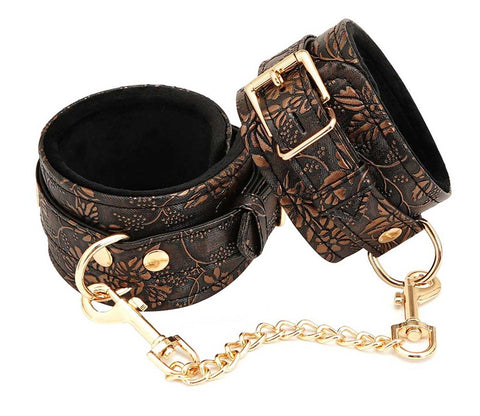 Brown Floral Print PU Wrist Cuffs by Spartacus - Cuffs and Restraints