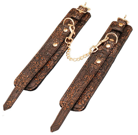 Brown Floral Print PU Wrist Cuffs by Spartacus - Cuffs and Restraints