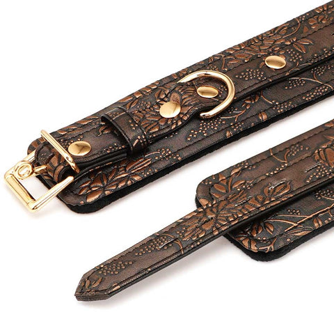 Brown Floral Print PU Wrist Cuffs by Spartacus - Cuffs and Restraints