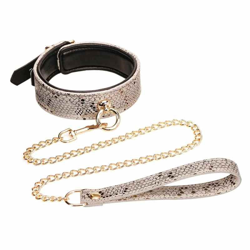 Spartacus White Snake Print Microfiber Collar and Leash - - Collars And Cuffs