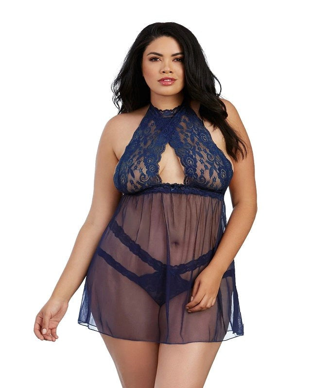 Stretch Lace and Mesh Babydoll with Matching Panty - - Babydolls And Chemises