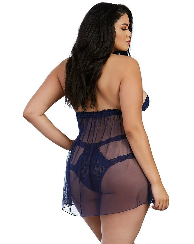 Stretch Lace and Mesh Babydoll with Matching Panty - - Babydolls And Chemises