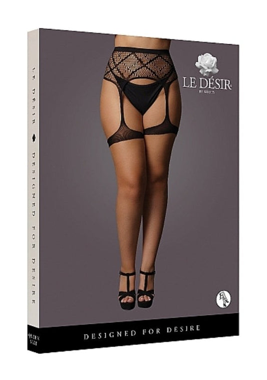 Striped Fishnet Garterbelt - Black - - Hosiery