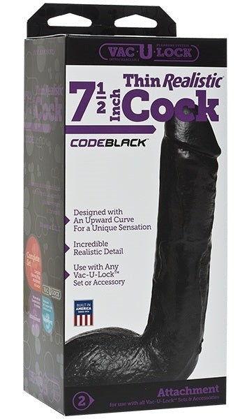 Vac-U-Lock Code Black Thin 7.5 inch Realistic Cock - - Strap On Sextoys