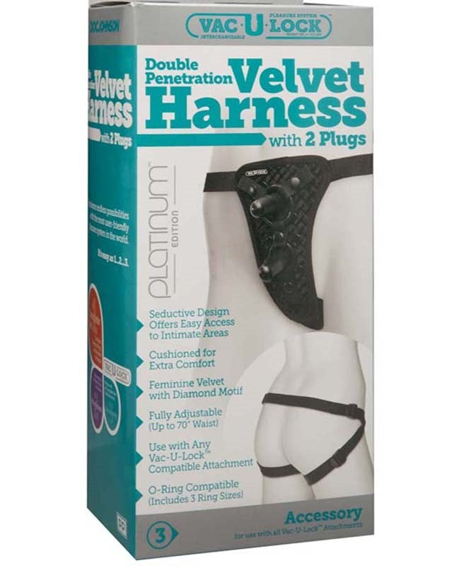 Vac-U-Lock Double Penetration Velvet Harness with 2 Plugs - - Strap On Sextoys