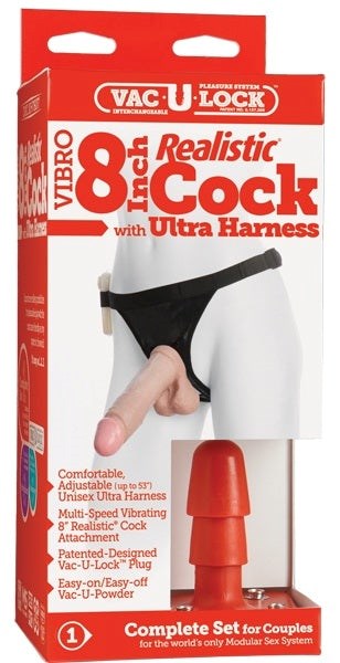 Vac-U-Lock Vibrating 8 Realistic Cock With Harness - - Strap On Sextoys