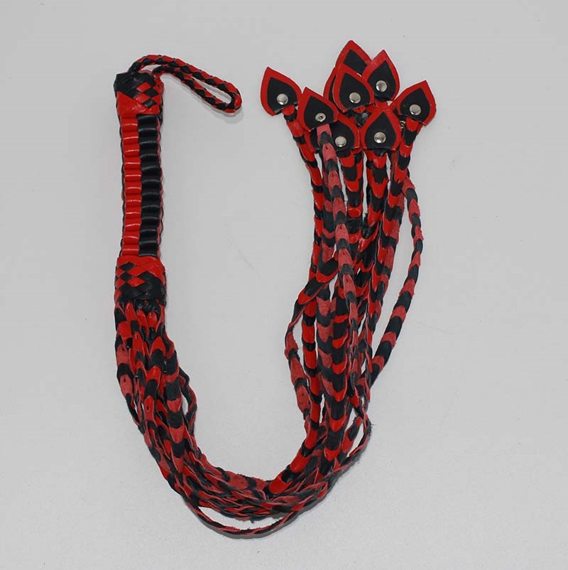 Whippa Leather Flogger with Braided Handle Black/Red - - Whips And Crops