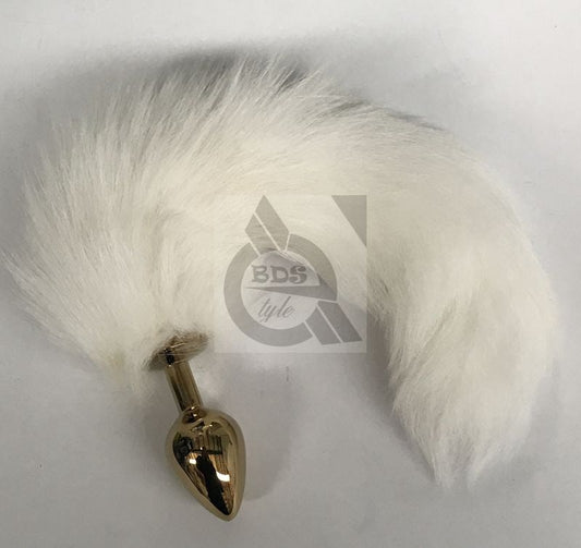 White Faux Fox Tail Steel Anal Plug Gold - - Steel Sex Toys