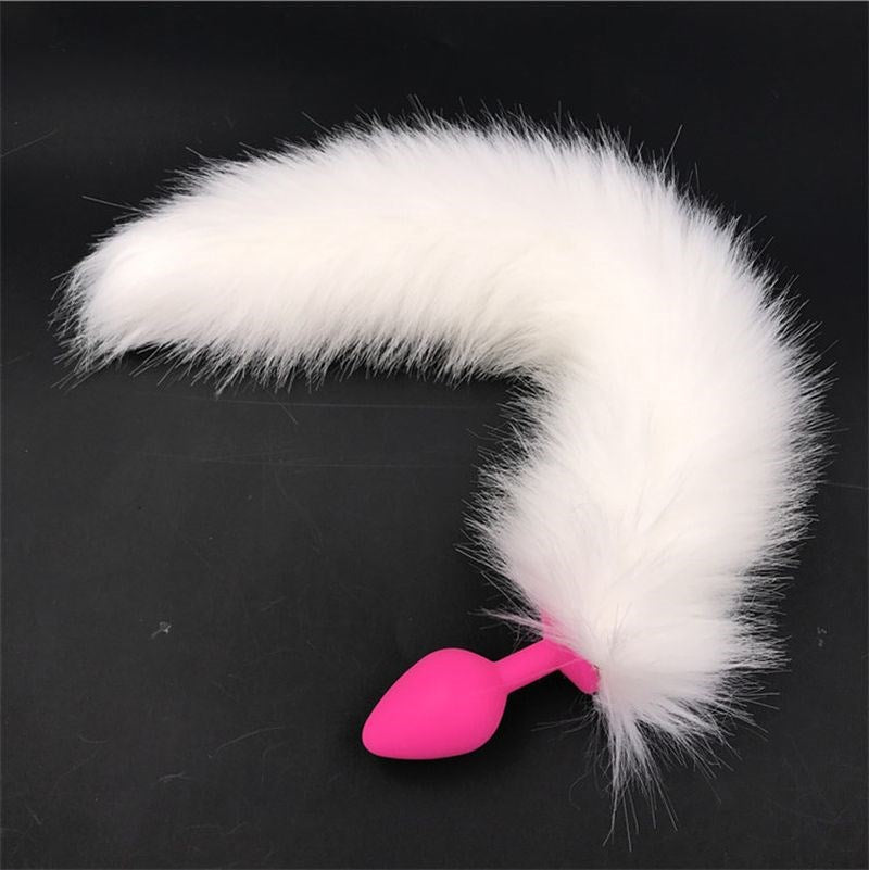 White Faux Fox Tail with Pink Silicone Butt Plug - - Prostate Toys