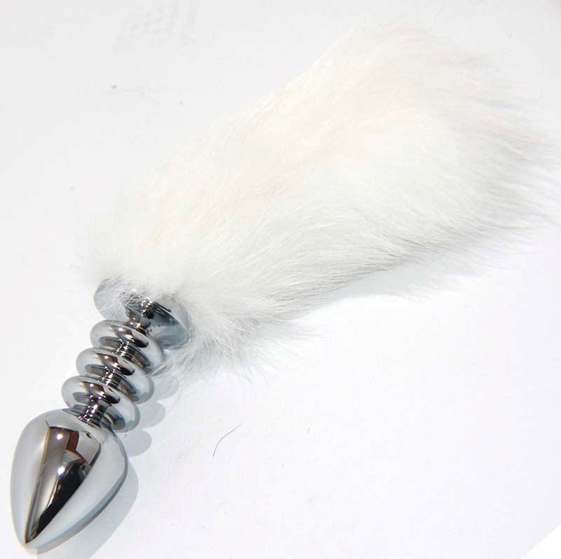 White Kitten Tail Silver Half Ribbed Butt Plug - - Steel Sex Toys