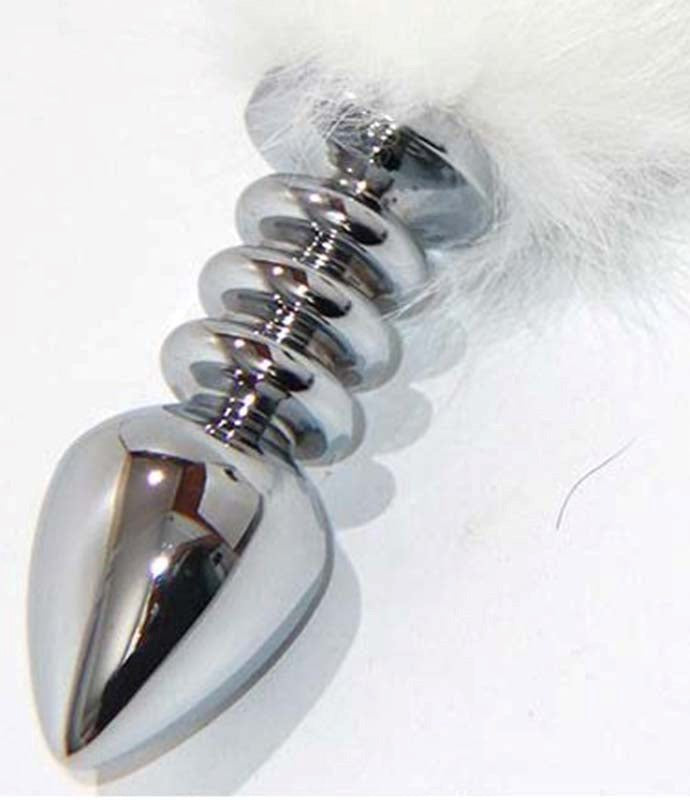 White Kitten Tail Silver Half Ribbed Butt Plug - - Steel Sex Toys