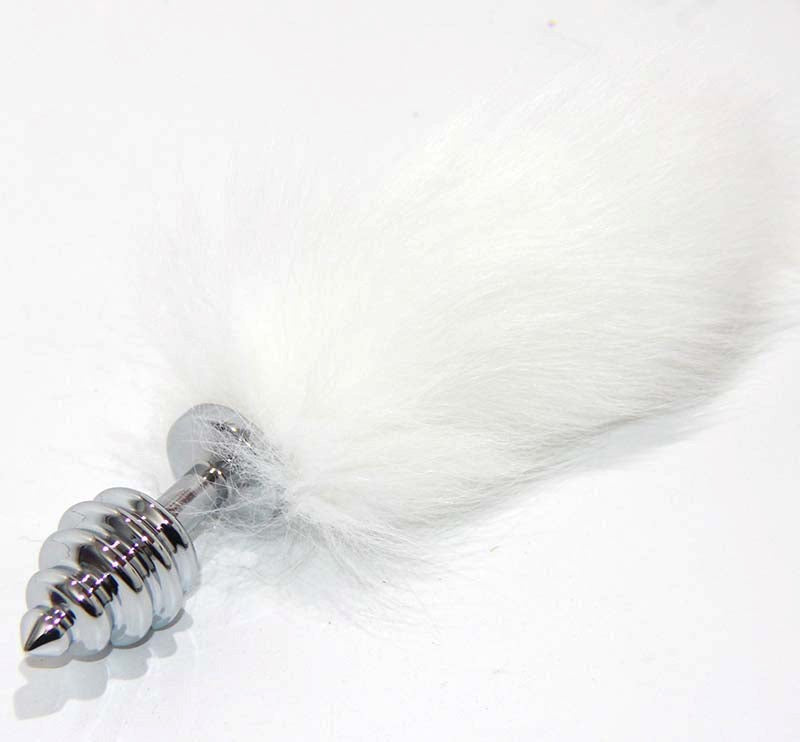 White Kitten Tail Silver Ribbed Butt Plug - - Steel Sex Toys