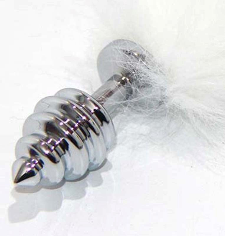 White Kitten Tail Silver Ribbed Butt Plug - - Steel Sex Toys