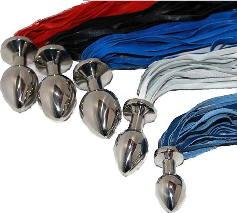 Butt Plug With Leather Whip Large Navy by Hell's Couture - Steel Sex Toys