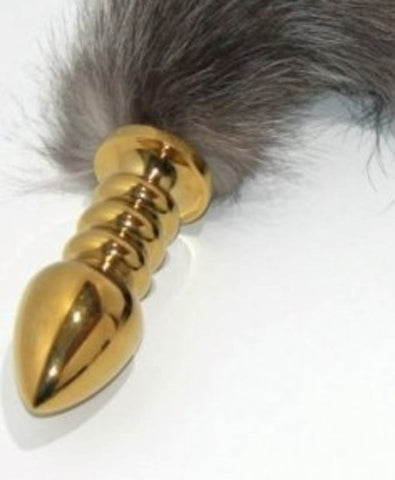 Faux Fox Tail Ribbed Gold Butt Plug Large by BDStyle - Steel Sex Toys