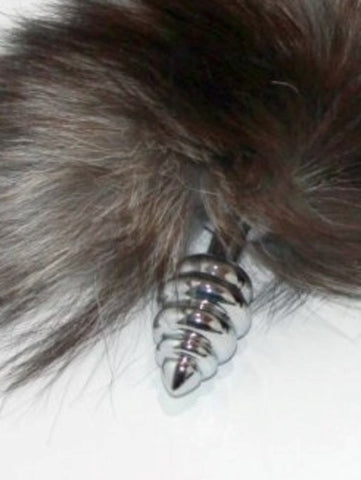 Faux Fox Tail Ribbed Silver Butt Plug by BDStyle - Steel Sex Toys