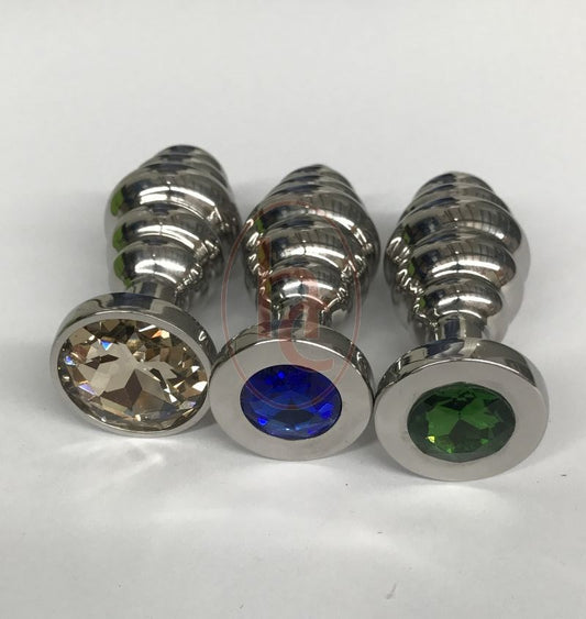 Ribbed Jewelled Medium Butt Plug Champagne - - Steel Sex Toys