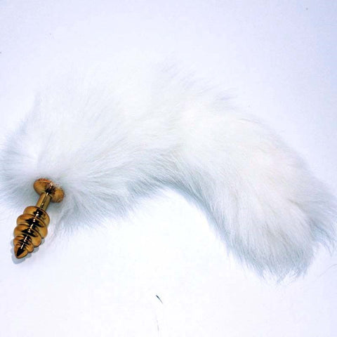 White Fox Tail Ribbed Anal Plug by BDStyle - Steel Sex Toys