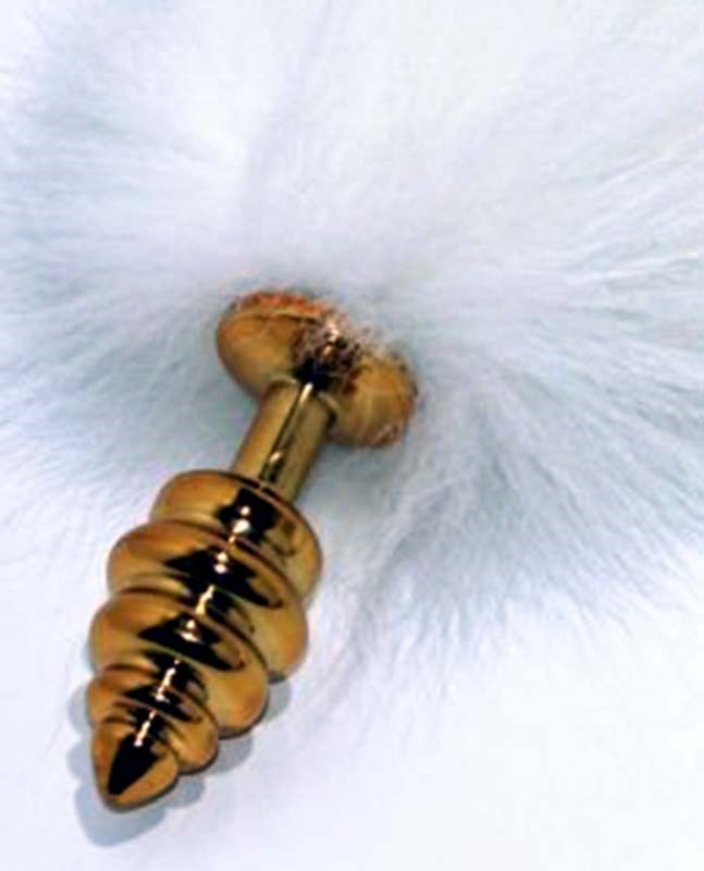 White Faux Fox Tail Ribbed Gold Butt Plug - - Steel Sex Toys