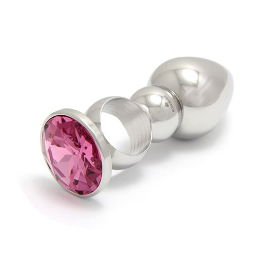 Ringed Stainless Steel Butt Plug with Crystal Gem - Butt Plugs