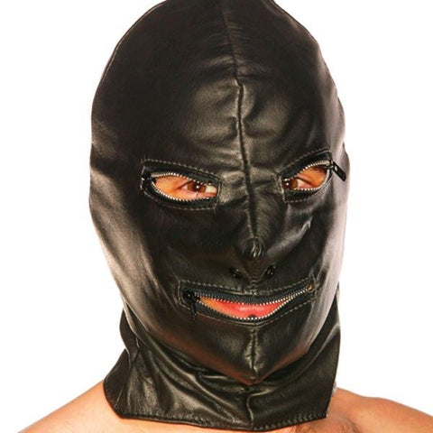 Luxury Leather Zipper Bondage Hood by Spartacus - Bondage Hoods