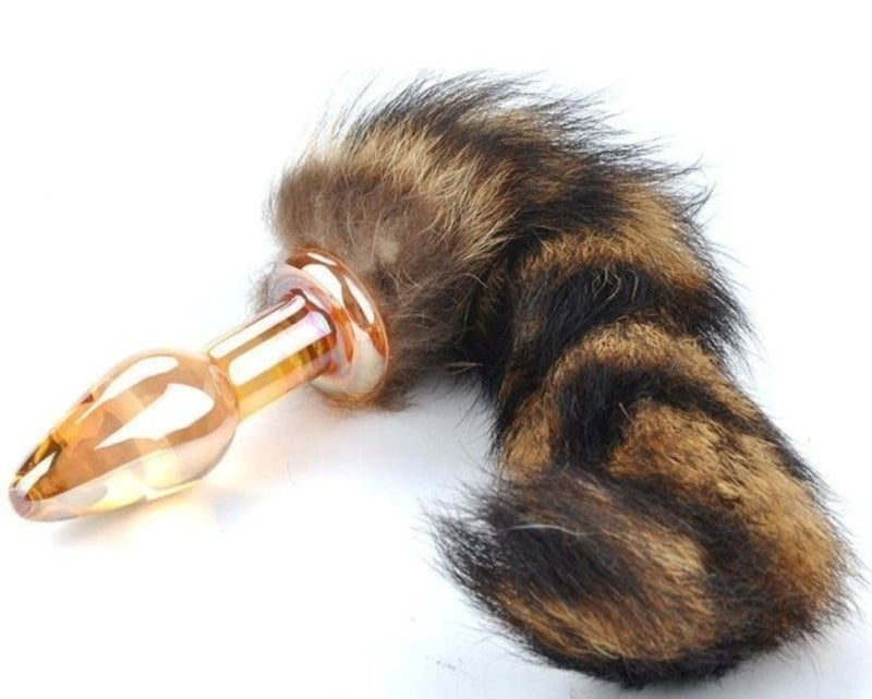 Brown Faux Fox Tail Smooth Glass Butt Plug - - Steel Sex Toys