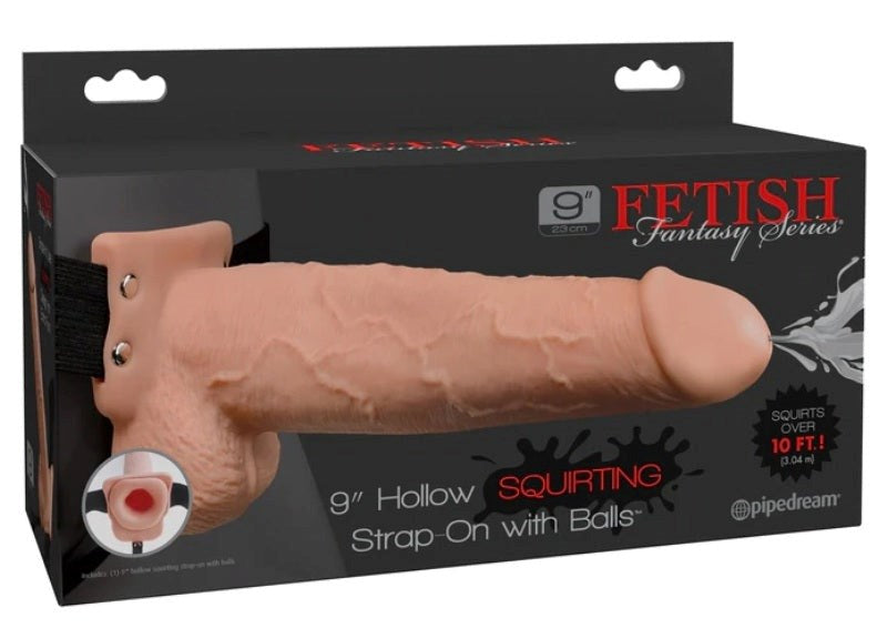 9 inch Hollow Squirting Strap-On with Balls - - Bullet Vibrators