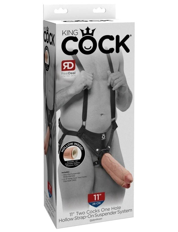 King Cock 11 in. Two Cocks One Hole Hollow Strap-on Suspender Sy - - Realistic Dildos