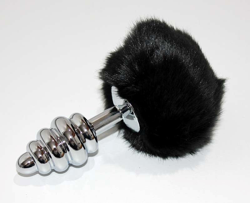 Bunny Tail Silver Ribbed Butt Plug - - Realistic Dildos