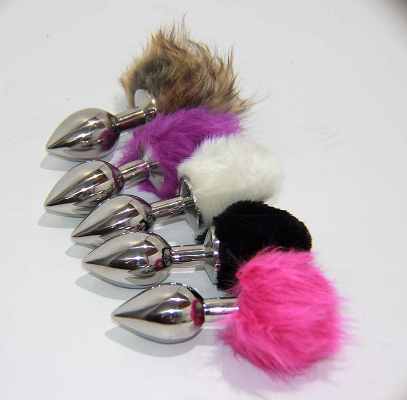 Crazy Faux Rabbit Tail Large Metal Silver Butt Plug - - Remote Control Vibrators