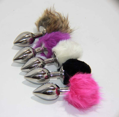 Crazy Faux Rabbit Tail Small Metal Silver Butt Plug - Finger and Tongue Vibrators