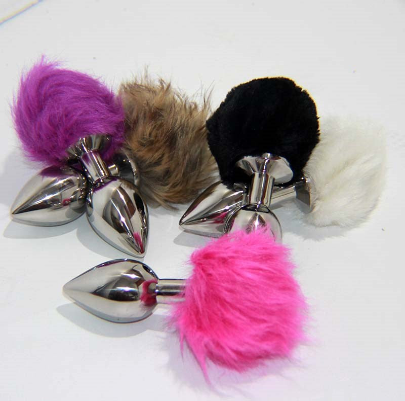 Crazy Faux Rabbit Tail Small Metal Silver Butt Plug - - Finger and Tongue Vibrators