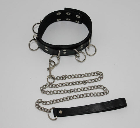 Ladies Bondage Collar with O-Rings and Lead - Collars and Leads