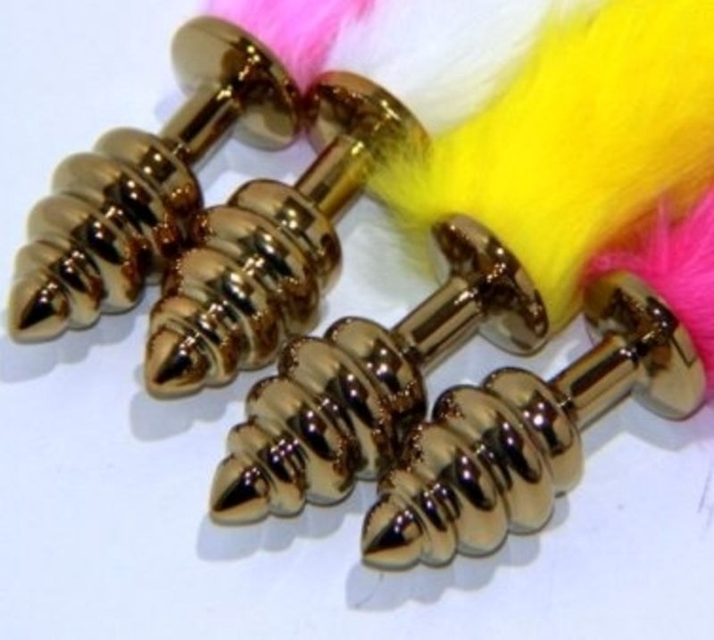 Faux Rabbit Tail Ribbed Butt Plug Gold Medium - - Steel Sex Toys