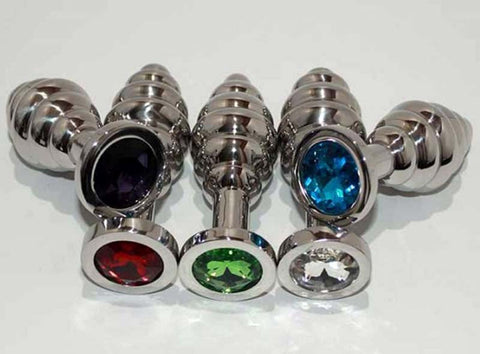 Ribbed Jewelled Large Butt Plug by Hell's Couture - Steel Sex Toys