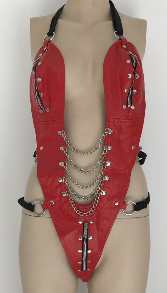 Ladies BDSM One Piece Red Leather Outfit by Hell's Couture - Her Fetish