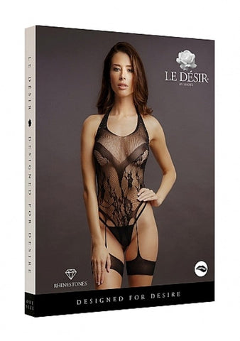 Le Desir Crotchless Rhinestone Halter Teddy by Shots Toys - Babydolls and Chemises