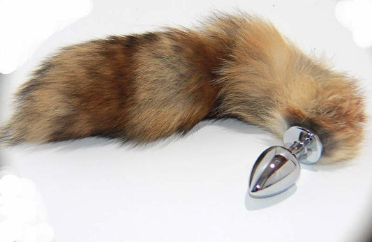 Long Brown and Blonde Fox Tail Silver Smooth Butt Plug