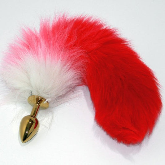 Red Faux Fox Tail Gold Butt Plug